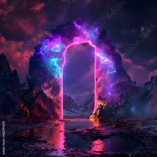 Abstract portal stone gate with neon glowing light in the dark space landscape of cosmic, rocky mountain stone field, spectrum light effect, with Generative Ai.1 photo