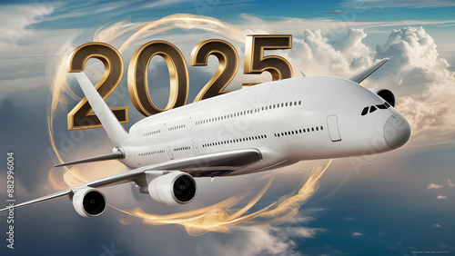 Wallpaper Mural White airplane and 2025 Happy new year text gold 3D flying in the beautiful sky. Concept of travel in new year, Airlines companies and tickets costs. Airplane model and numbers 2025 on sky background. Torontodigital.ca