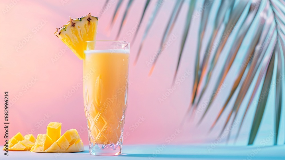 Obraz premium Gradient pink to blue background displaying a modern glass of tropical smoothie with pineapple, mango, and coconut milk