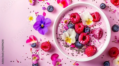 Gradient pink to purple background featuring a stylish smoothie bowl topped with fresh berries, chia seeds, and edible flowers