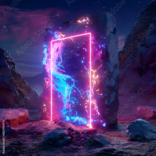 Abstract portal stone gate with neon glowing light in the dark space landscape of cosmic, rocky mountain stone field, spectrum light effect, with Generative Ai.1 photo