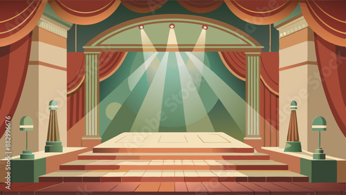 illustration of a stage with spotlight stage with curtains stage with red curtains and spotlights Theater stage light background with spotlight illuminated the stage.. Empty stage with bright colors b