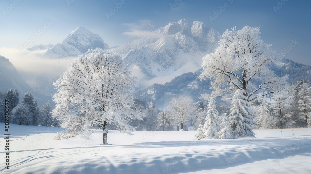 Obraz premium Breathtaking winter wonderland with snow-covered trees and mountains