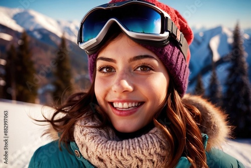 Girl having fun at ski resort. Young smiling happy women enjoying winter holiday in snow
