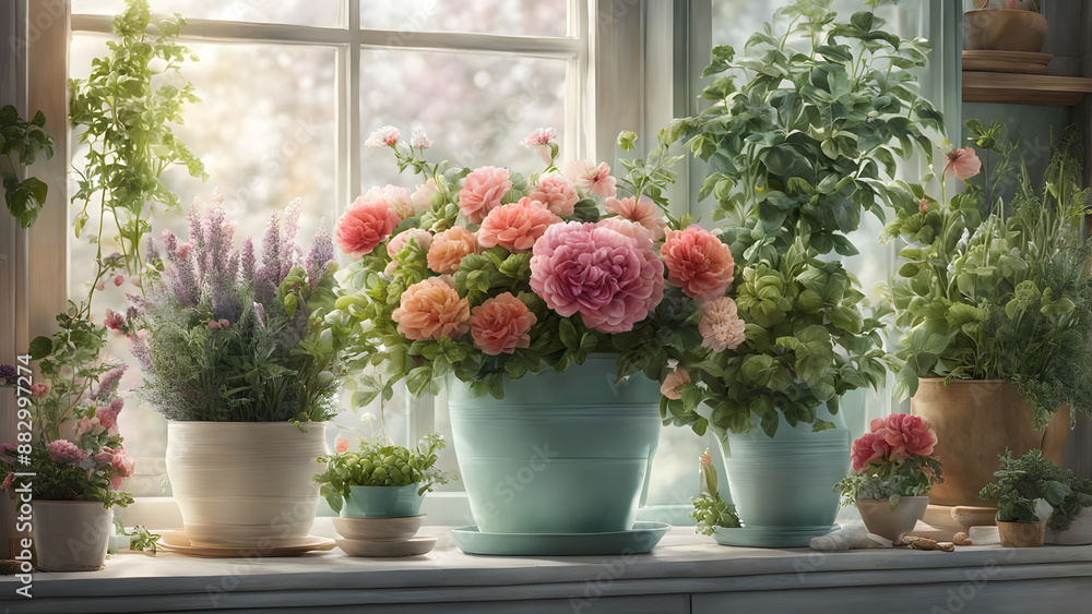 Fototapeta premium A florist full of fresh flowers from a pastel planter, surrounded by plants and potted greens on a shelf, ai