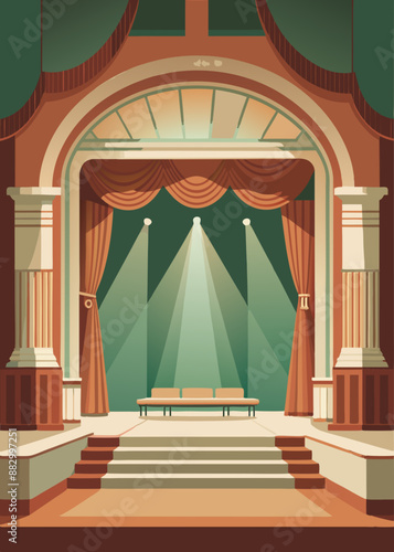 illustration of a stage with spotlight stage with curtains stage with red curtains and spotlights Theater stage light background with spotlight illuminated the stage.. Empty stage with bright colors b