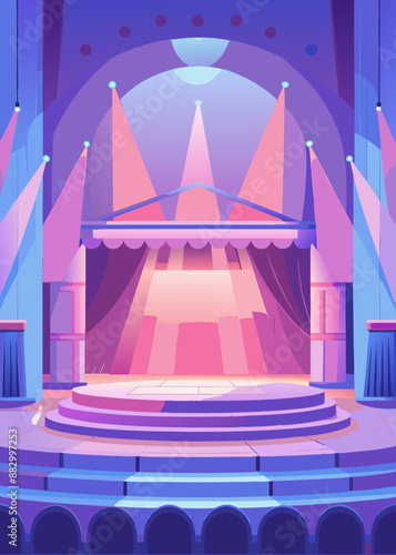 illustration of a stage with spotlight stage with curtains stage with red curtains and spotlights Theater stage light background with spotlight illuminated the stage.. Empty stage with bright colors b