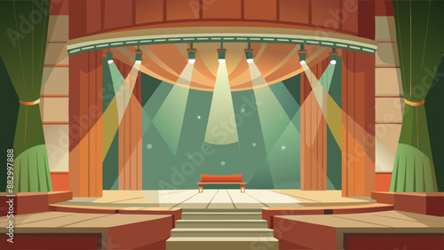 illustration of a stage with spotlight stage with curtains stage with red curtains and spotlights Theater stage light background with spotlight illuminated the stage.. Empty stage with bright colors b