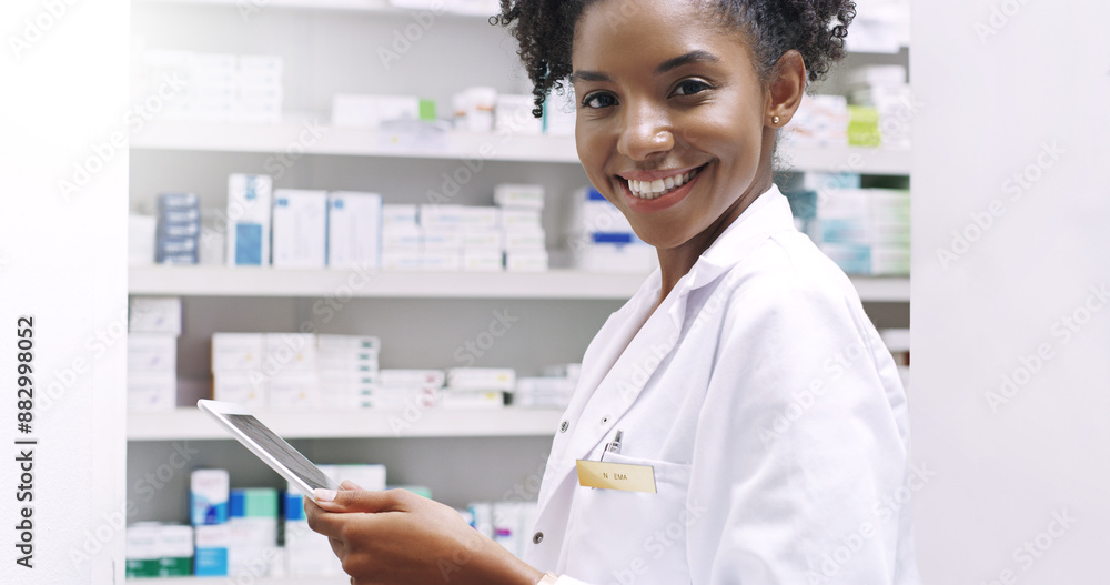 Pharmacy, woman and tablet or portrait in medicine for inventory, healthcare product and stock checklist. African pharmacist, expert and digital app for medical drugs, prescription and dispensary Pharmacy, woman and tablet or portrait in medicine for inventory, healthcare product and stock checklist. African pharmacist, expert and digital app for medical drugs, prescription and dispensary