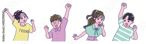 元気にガッツポーズする小学生女子と男子
