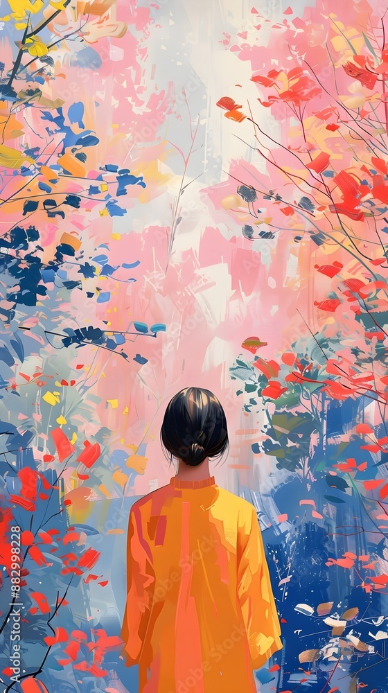 Woman in a bright orange dress stands in a colorful abstract forest, minimal illustration of mindefulness and meditation Woman in a bright orange dress stands in a colorful abstract forest, minimal illustration of mindefulness and meditation