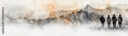 Abstract artwork of four hikers walking through misty mountains, showcasing adventure and exploration in a minimalist style. photo