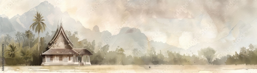 Scenic traditional house surrounded by nature with misty mountains in the background, captured in a serene, watercolor-like style. Scenic traditional house surrounded by nature with misty mountains in the background, captured in a serene, watercolor-like style.