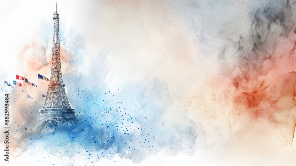 Artistic watercolor image of Eiffel Tower with flags, blending into abstract splashes of color. Modern and dynamic composition. Artistic watercolor image of Eiffel Tower with flags, blending into abstract splashes of color. Modern and dynamic composition.