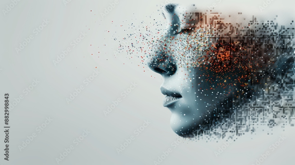 Abstract digital art of a face disintegrating into particles, symbolizing transformation, technology, and creativity. Abstract digital art of a face disintegrating into particles, symbolizing transformation, technology, and creativity.