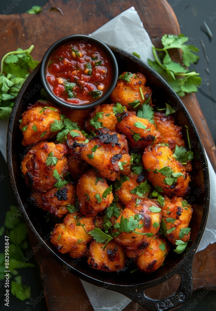 chicken nuggets with sauce and spices on a wooden board chicken nuggets with sauce and spices on a wooden board