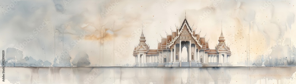 Fototapeta premium Stunning watercolor painting of a traditional Thai temple with beautiful architecture and serene background, perfect for art enthusiasts and travelers.