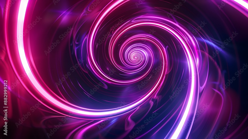 Graphic design art of abstract illusion of spiral with geometric shapes of pink and violet neon lines. 