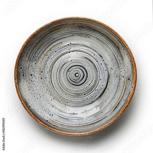 Trendy Beautiful Modern Circle Grey sand grain texture handmade Ceramic Dish plate, top view stoneware plate isolated white.