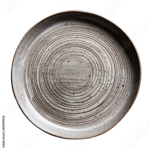 Trendy Beautiful Modern Circle Grey sand grain texture handmade Ceramic Dish plate, top view stoneware plate isolated white.