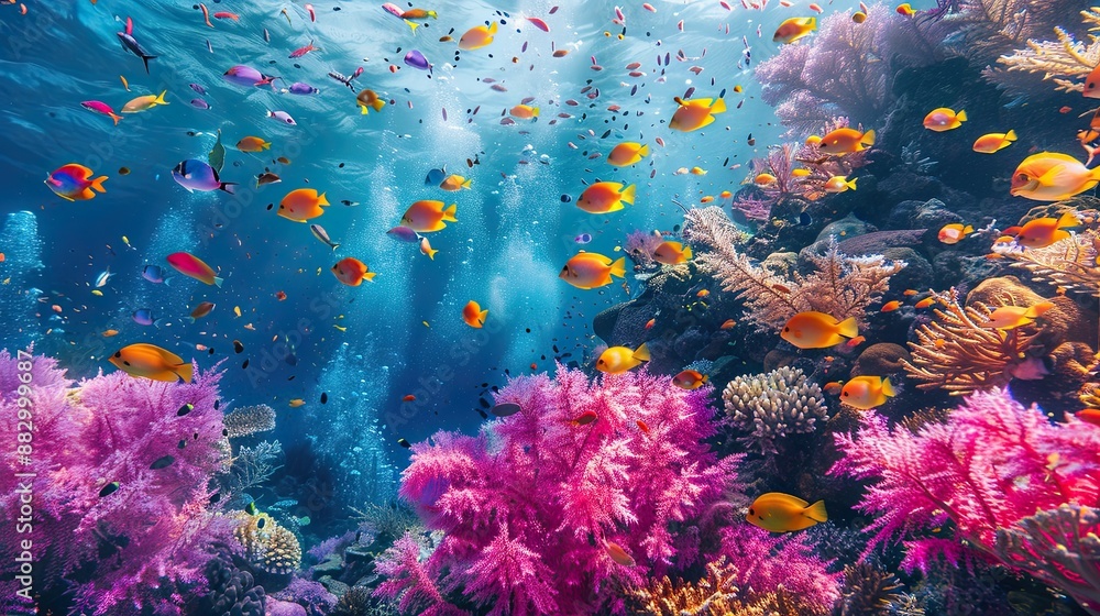Breathtaking view of a vibrant coral reef teeming with marine life Breathtaking view of a vibrant coral reef teeming with marine life