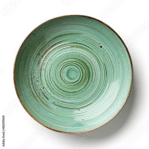 Trendy Circle Pastel Pale Green sand grain texture handmade Ceramic Dish plate, top view stoneware plate isolated white.
