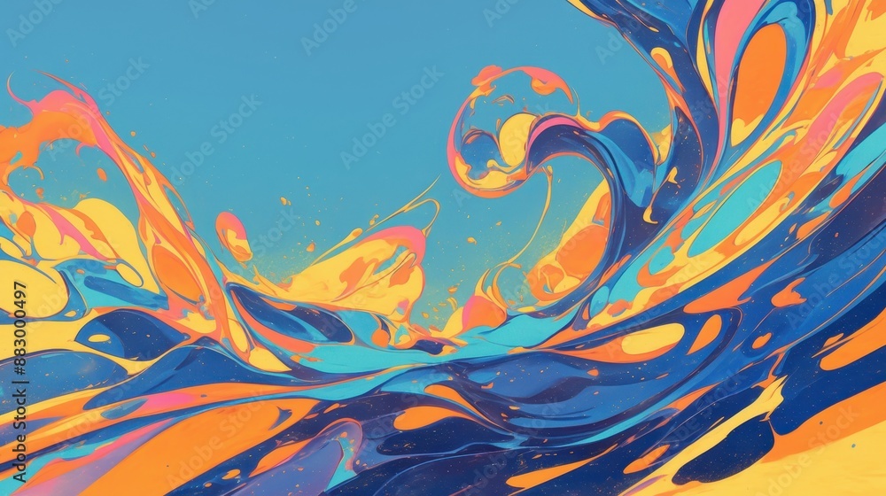 Obraz premium Abstract Colorful Wave Pattern with Vibrant Blue, Orange, and Yellow Swirls on a Light Blue Background