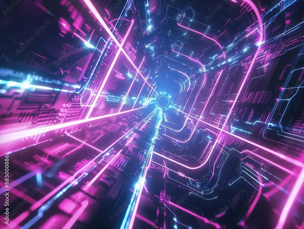 futuristic cyber realm with glowing pink and blue neon lines forming rounded geometric shapes pulsating against a dark backdrop futuristic cyber realm with glowing pink and blue neon lines forming rounded geometric shapes pulsating against a dark backdrop