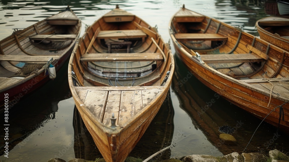 Tranquil and serene harbor view with wooden boats gently moored in a peaceful setting Tranquil and serene harbor view with wooden boats gently moored in a peaceful setting