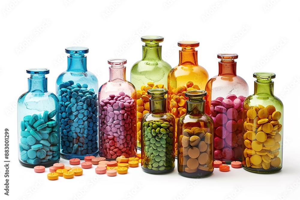 Bottles transparent with colorful pills capsules on blue background. Nutritional Supplements, Vitamins, multivitamins, Calcium, antibiotics. Health. Immunity
Bottles transparent with colorful pills capsules on blue background. Nutritional Supplements, Vitamins, multivitamins, Calcium, antibiotics. Health. Immunity