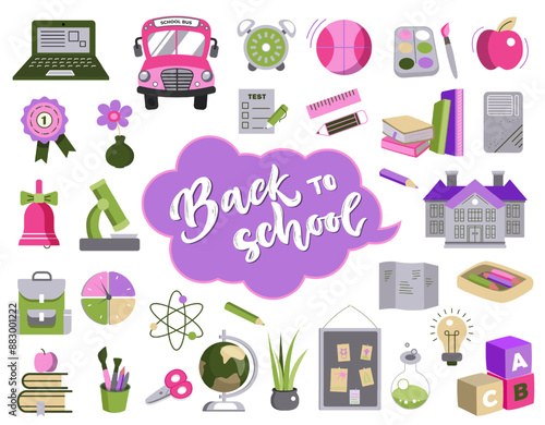 School and education icons, accessories for study. Back to school collection. School stationery and art supplies.
