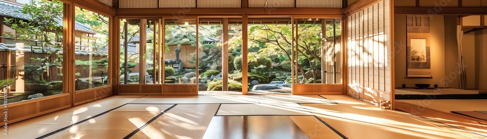 A beautiful view of a traditional Japanese tatami room with a view of a Zen garden A beautiful view of a traditional Japanese tatami room with a view of a Zen garden
