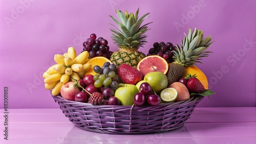 Purple basket overflowing with a variety of fresh fruits photo