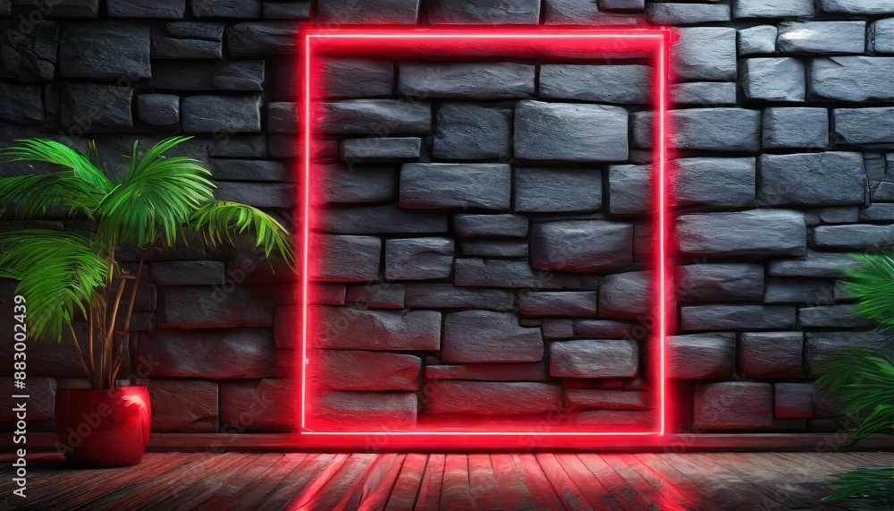 neon red horizontal frame with space for text on black stone wall background neon red horizontal frame with space for text on black stone wall background