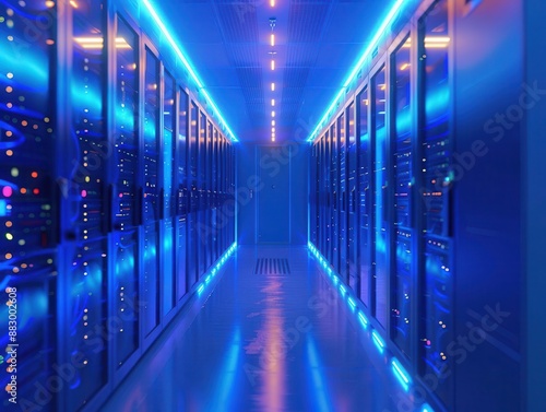 hightech data center rows of sleek server racks pulsing led lights technicians in clean suits cool blue ambiance