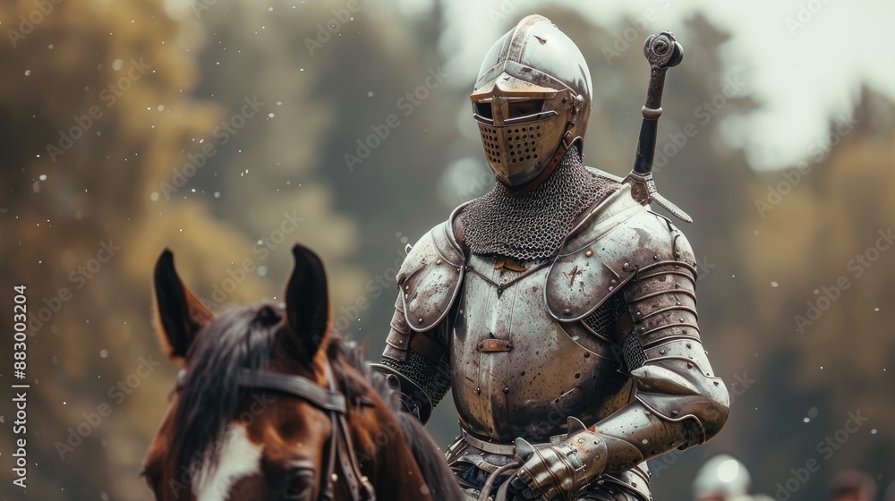 Fototapeta premium Medieval knight in full armor riding a horse in a forest setting