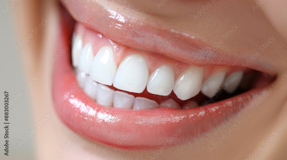 Close-up of a smiling mouth with perfect white teeth, glossy lips. Close-up of a smiling mouth with perfect white teeth, glossy lips.