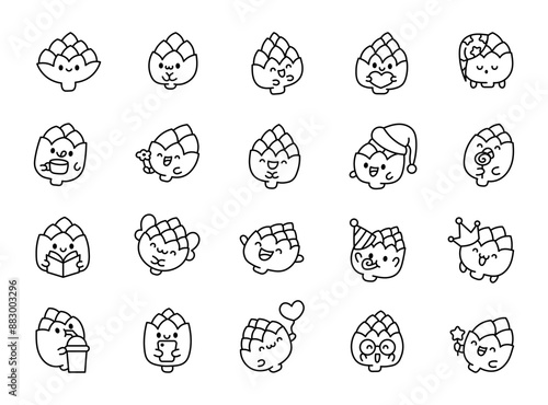 Cute kawaii artichoke with funny face. Coloring Page. Adorable cartoon food character. Hand drawn style. Vector drawing. Collection of design elements.