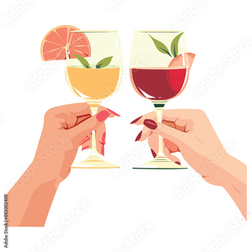 Two hands holding wine glasses with red and white wine, cheers toasting concept. 