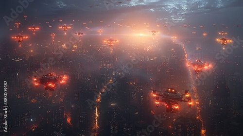 Futuristic Cityscape with Drones