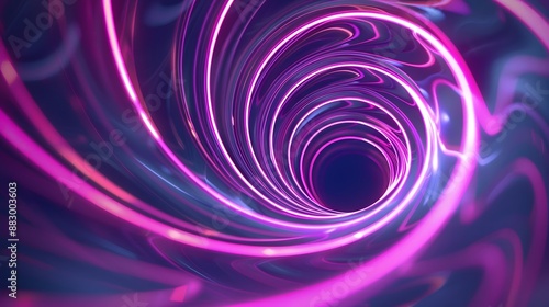 Graphic design art of abstract illusion of spiral with geometric shapes of pink and violet neon lines. 