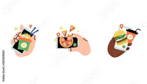 Food delivery. Hand hold smartphone, mobile app screen. Products fast order. Online cafe or restaurant. Pizza and burger, asian wok or noodles. Vector cartoon flat style isolated illustration