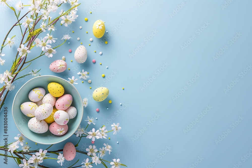 Easter eggs on green plate on pink background. Top view, flat lay.
Easter eggs on green plate on pink background. Top view, flat lay.