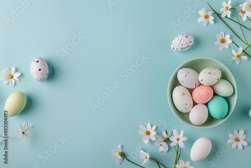 Easter eggs on green plate on pink background. Top view, flat lay. 