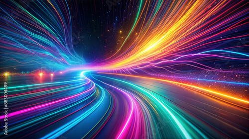 Vibrant traces of light on dark background. Dynamic abstract background for technology, digital, energy, velocity, transit concept, copy space
