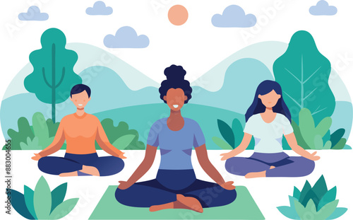 People meditating outdoors near a lake