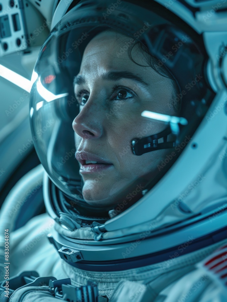 A detailed view of an astronaut's face and helmet in a space suit, suitable for sci-fi or technology themes A detailed view of an astronaut's face and helmet in a space suit, suitable for sci-fi or technology themes