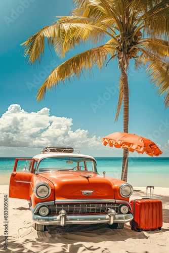 A red car parked on the beach with palm trees and the ocean in the background