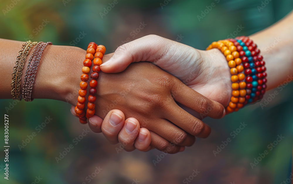 Two people shaking hands with bracelets on their wrists. The bracelets are colorful and the mood of the image is friendly and welcoming Two people shaking hands with bracelets on their wrists. The bracelets are colorful and the mood of the image is friendly and welcoming