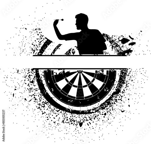 Vektor Silhouette Dart - Dartspieler zielt mit Pfeil - Abstrakt Grunge Design Darstellung mit Elementen - Vorlage - Turnier - Dartsport - Steel Darts